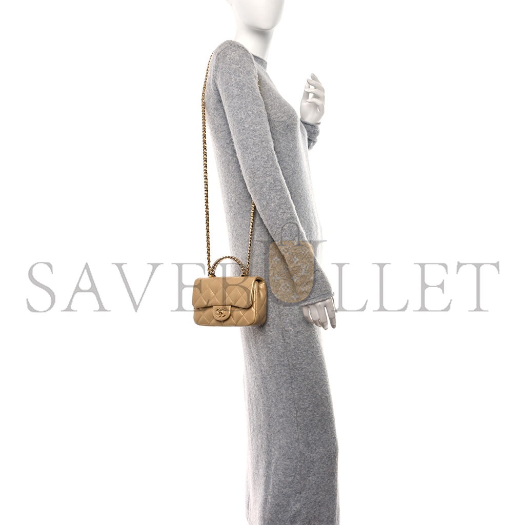 Ch*el master lambskin quilted mini resin top handle rectangular flap gold (19*12*6cm)